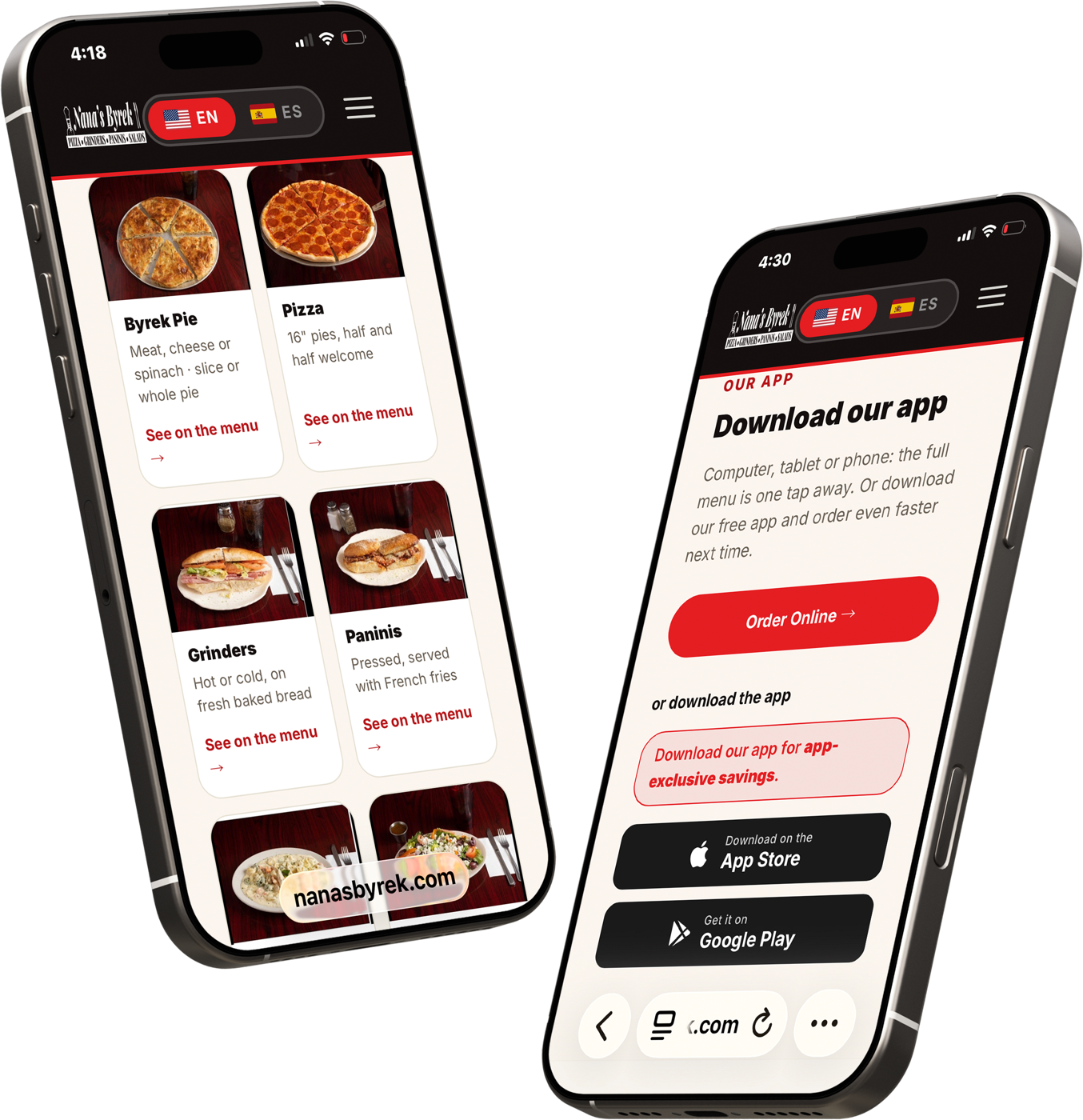 Nana's Byrek & Pizza app on a phone